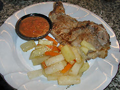 Steaks, root vegetables, and chimichurri