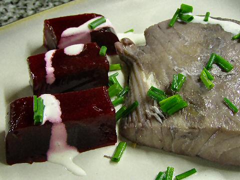 Palometa poached in red wine, beet wasabi gelee