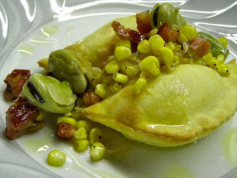 Baked agnolotti with fava bean ragout