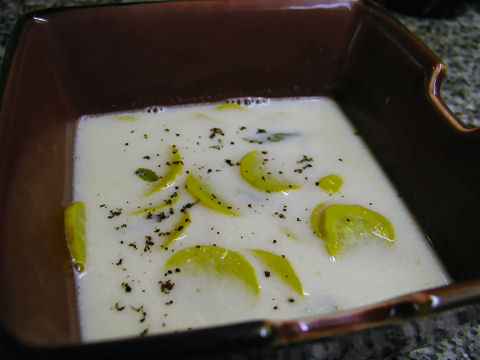 Yellow zucchini, mint and feta soup