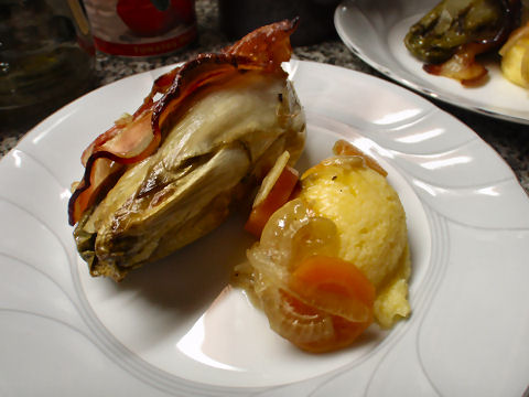 Roasted Endive with bacon, juniper and orange