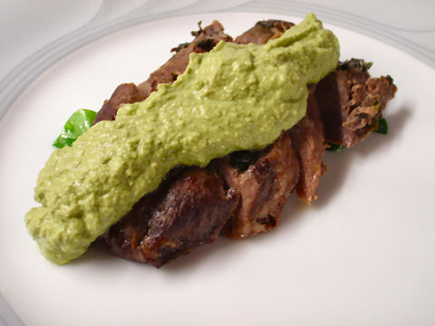 Roasted Lamb Loin, Green Olive Pesto