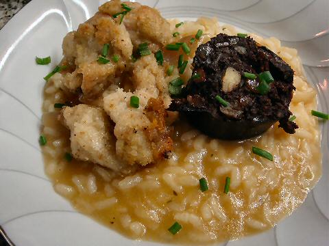 Shallot Risotto with Morcilla and Crispy Sweetbreads