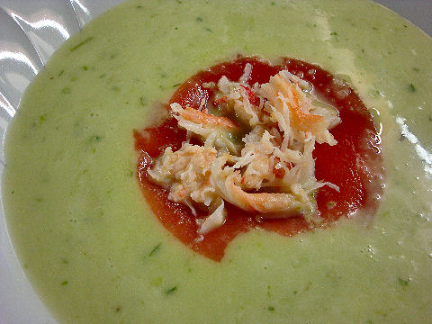 Chilled Pea Soup with Watermelon Gelee and Crab