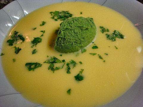 Coconut-Corn Soup with Spinach Sorbet