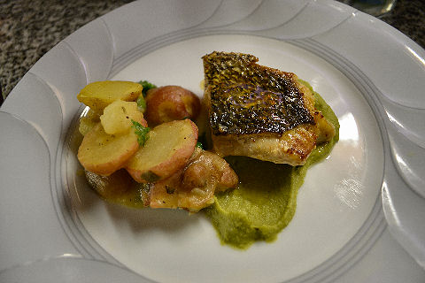 Sea Bass with Lemon-Garlic Potatoes and Fava Puree