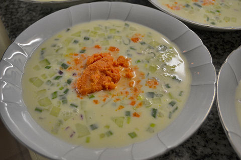 White Gazpacho with Tomato-Chile Granite