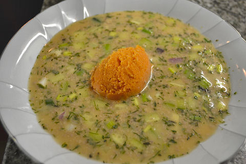 Yogurt Herb Soup, Piquillo-Jalapeño Sorbet