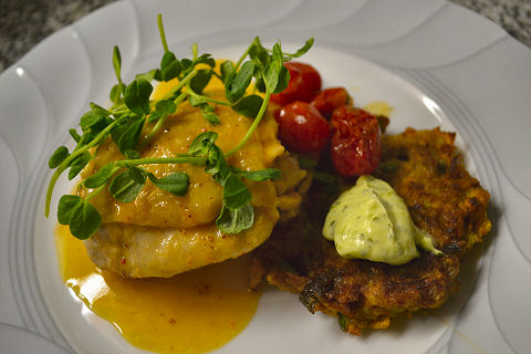 Poulet au vinagre, carrot pancake