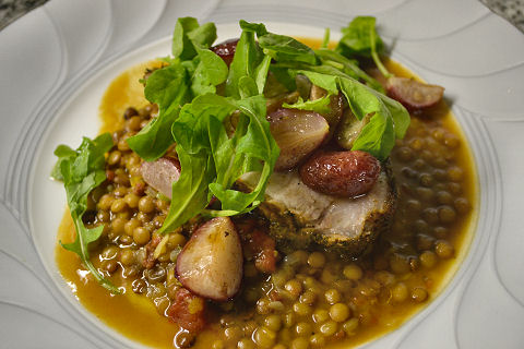 Spice and herb crusted pork loin, lentils