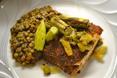 Herb-spice crusted salmon, lentils