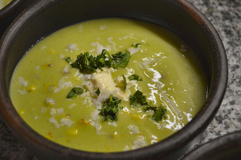 Chilled avocado soup, roasted corn