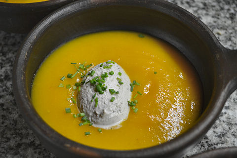 Chilled Carrot Soup, Garam Masala Ice Cream