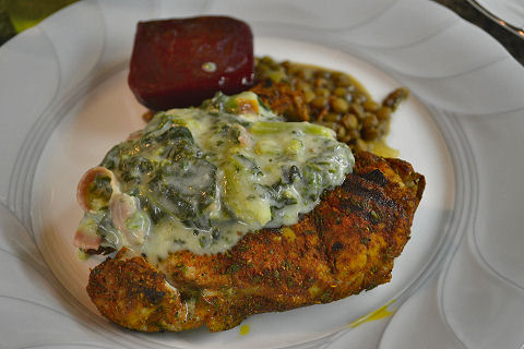 Grilled pork chop with creamed chard