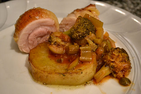 Chicken ballotine, fondant potato, broccoli caponata