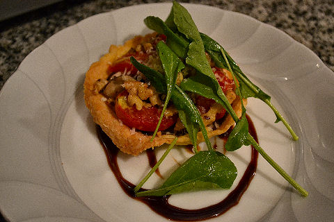 Caramelized red onion, walnut and portobello tartlet