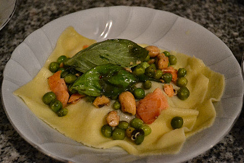 Open raviolo of eggplant and salmon