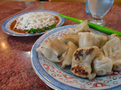 Comida China - potstickers and sesame/peanut noodles