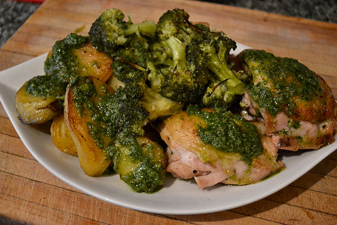Roast chicken, fondant potatoes and broccoli