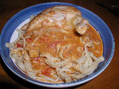 Chicken Fricassee over homemade mushroom pasta