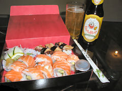 Maki Sushi meal and BarbaRoja Trigo beer