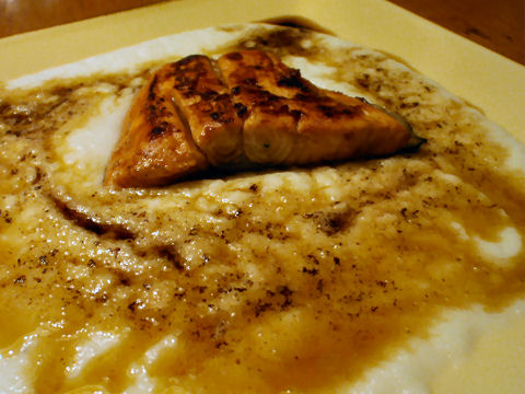 Miso-glazed salmon, brown butter daikon