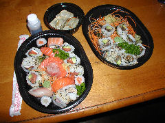 Sasori Sushi - combination, salmon skin roll, gyoza