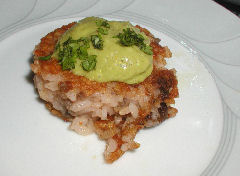 Chorizo risotto cake with banana guacamole