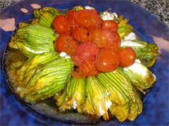 My plate of zucchini blossoms and cherry tomato sauce