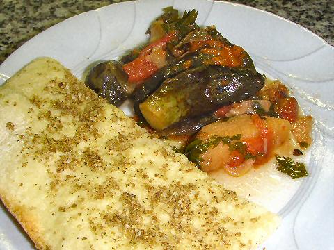 Braised eggplant and quince, flatbread with dukka