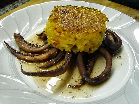 Red Wine Braised Squid with Chorizo Risotto Cake