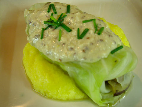 Portobello Stuffed Cabbage, Polenta, Sesame-Mustard Sauce