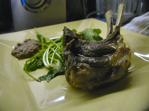 Lamb Chops, Arugula Lemon Salad, Pecan Pesto