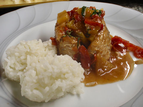 Tararira in pineapple and pepper sauce