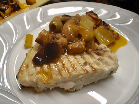 Grilled swordfish with caponata