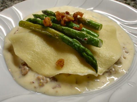 Duck confit ravioli