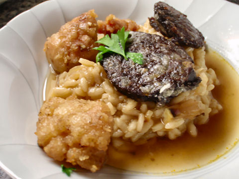 Shallot Risotto with Sweetbreads and Morcilla