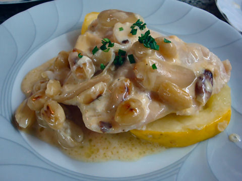 Baked Group with Creamed Shallots and Peanuts