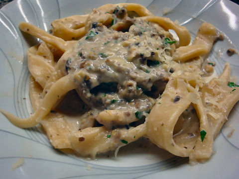 Umbricelli with Mushroom and Green Olive Cream Sauce