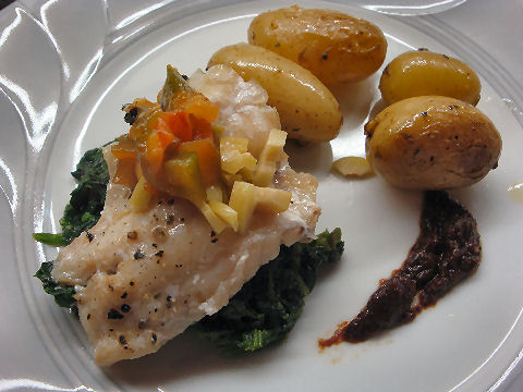 Roasted sea bass with lemon-thyme potatoes