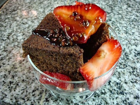 Molasses Cake with Grappa Caramel Strawberries