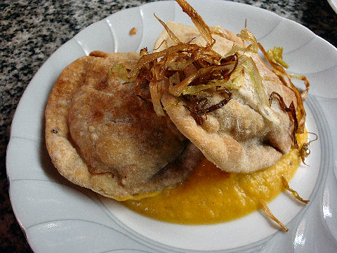 Fried mushroom ravioli, pumpkin sauce