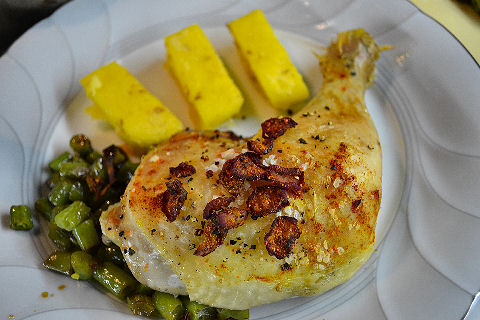 Roast Chicken, Polenta Fries, Garlic Green Beans