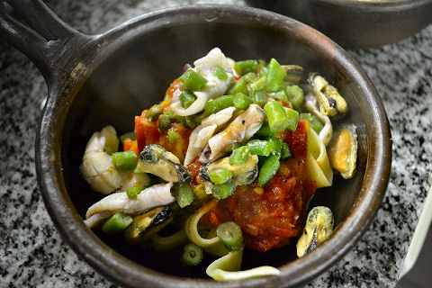 Calamarette and Mussels with Black Pepper Fettucine