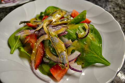 Salad of Spinach, Strawberries, Red Onions, Boquerones