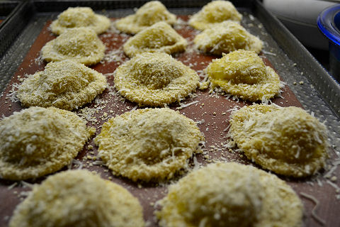 Toasted ravioli ready to go into the oven