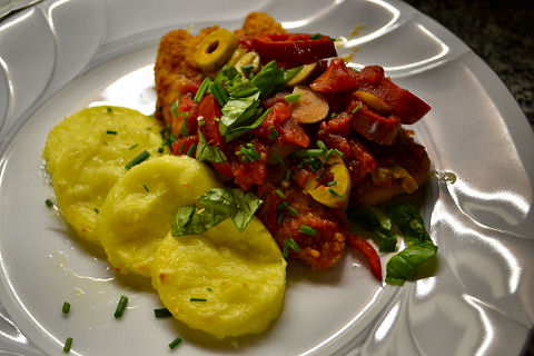 Spicy Green Olive Chicken, Semolina Gnocchi