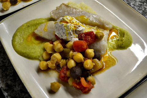 Baked Hake, Zucchini Puree, Chickpea Sofreito, Couscous
