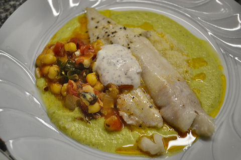 Hake, Zucchini Puree, Spiced Chickpeas, Couscous