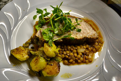 Herb crusted Pork Loin, Lentils, Brussels Sprouts